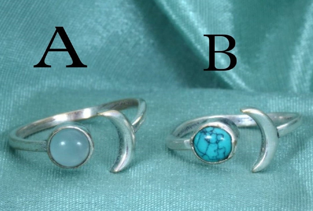 Crescent Moon Ring, Rainbow Moonstone Ring, Adjustable Boho Sterling