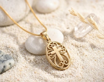 Silver Cross Necklace: Gold Plated Brass Christian Pendant, Adjustable Chain