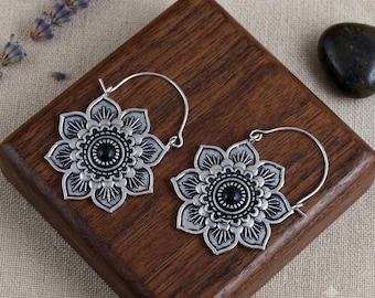 Silver Floral Mandala Hoop Earrings, Boho Vintage Filigree Statement Jewelry