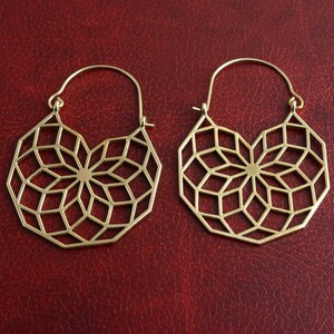 Mandala Earrings, Ethnic Earrings, Tribal Gold Brass Earrings, Boho Jewelry, Hoop Bohemian Earrings, Gift For Women, Hoop Earrings