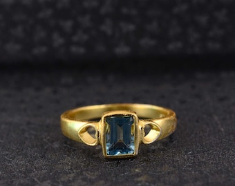 Brass Blue Topaz Ring: Square Gemstone, Boho Ethnic Jewelry