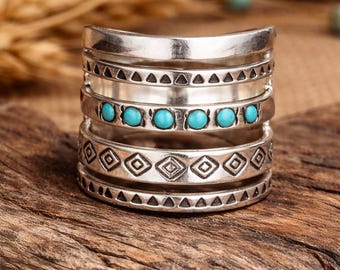 Six Stone Turquoise Ring, Sterling Silver Boho Statement Ring
