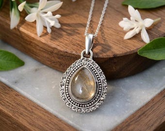 Pear Rutilated Quartz Pendant: Handmade 925 Sterling Silver