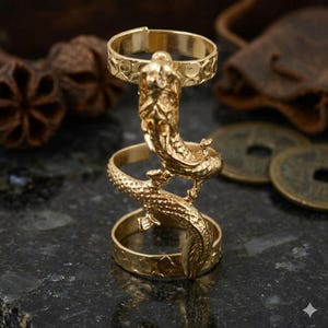 Gold Dragon Full Finger Ring, Hinged Armor Style, Adjustable Brass