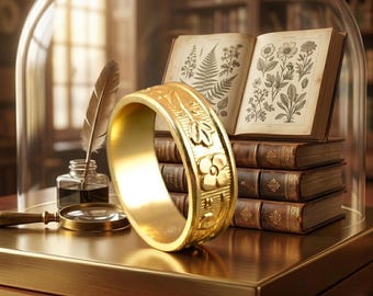 Engraved Gold Tone Band Ring, Ornate Vintage Statement Jewelry, Brass Brass