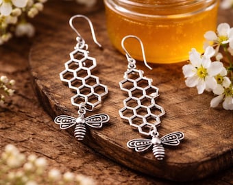Handcrafted Brass Honeycomb Bee Dangle Earrings | Boho Jewelry