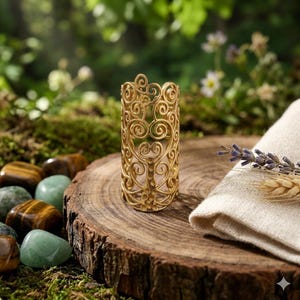 May include: A gold-toned metal ring featuring an intricate openwork design of swirling filigree patterns. The cylindrical band displays a repeating scroll motif throughout its surface, creating a delicate and detailed structure for this jewelry piece.
