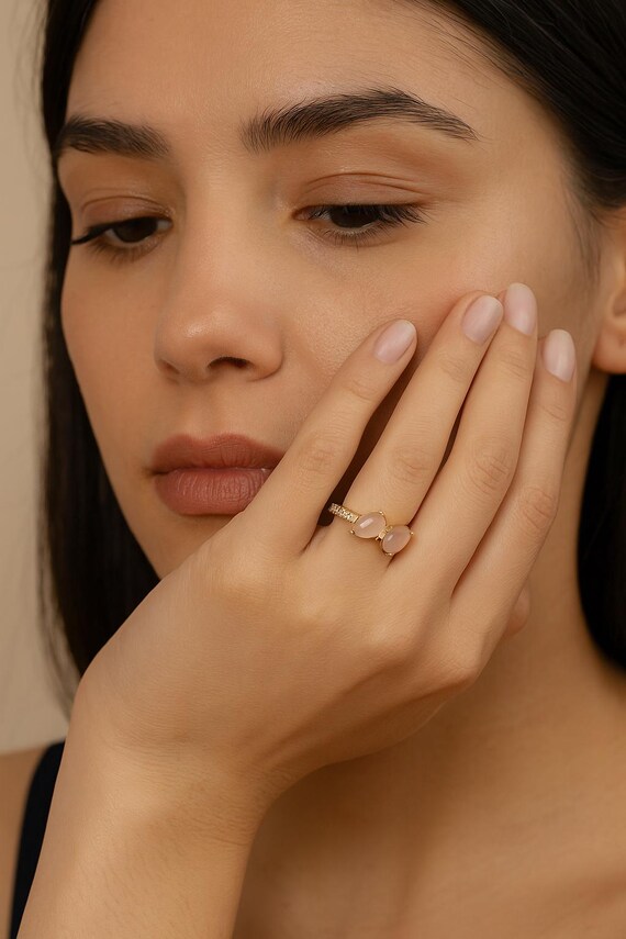 Bague Ethnique Ancienne En Quartz Rose - Taille 8, Argentée, Faite Main En Inde - Neuf