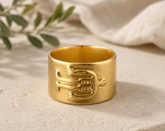 Gold Statement Ring, Thick Band Ring, Textured Gold Ring, Unique Symbolic Ring, Ancient Style Jewelry, Chunky Gold Ring for Her