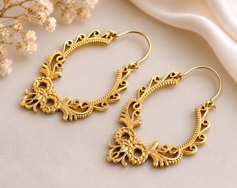 Handcrafted Brass Filigree Hoop Earrings, Antique Gold Tribal Boho Statement Jewelry
