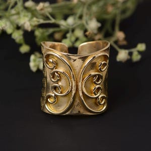 May include: A gold-colored ring with an open design. The ring features an ornate, symmetrical pattern of swirling lines and curves. The ring is set against a dark background with blurred greenery.