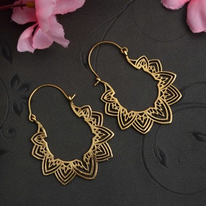 Moroccan Style Gold Earrings Artisan Tribal Boho Ethnic Bohemian Mandala Gold Flower Mandala Hoop Earrings