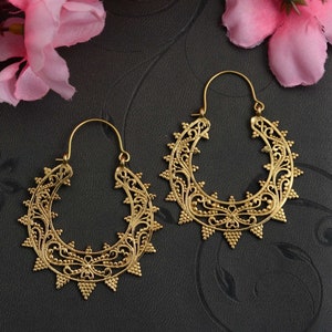Gold Mandala Earrings, Lotus Pair earrings handmade mandala brass jewelry, Boho Jewelry, Hoop Bohemian Earring, Gift For Women, Hoop Earring