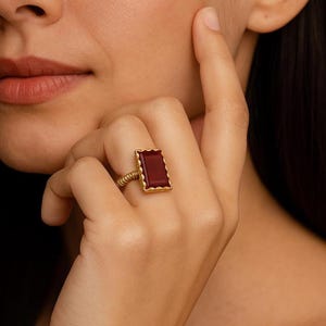 18K Gold Ruby Jade Ring | Red Jade Square Shape Gemstone Silver Ring | 925 Sterling Solid Boho  Silver Ring | Handmade Jewelry