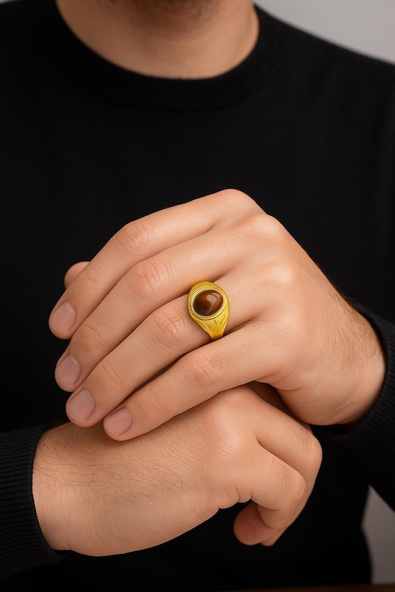 Anillo de ojo de tigre, anillo hecho a mano, anillo de latón