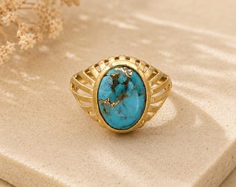 Handmade Brass Turquoise Ring: Adjustable Boho Gemstone Jewelry