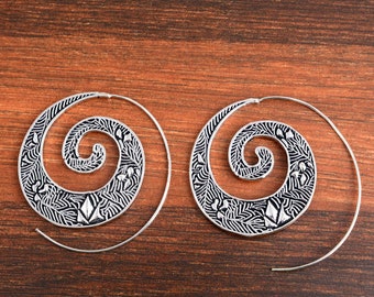 Brass Spiral Hoop Earrings: Tribal Boho Statement Jewelry