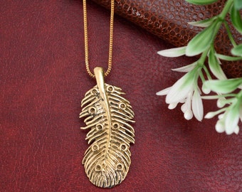 Brass Feather Pendant Necklace: Boho Spiritual Jewelry