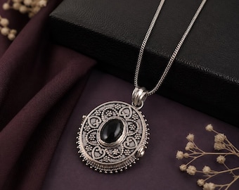 Vintage Filigree Pendant Necklace, Black Stone Medallion, Ornate Boho Statement Jewelry
