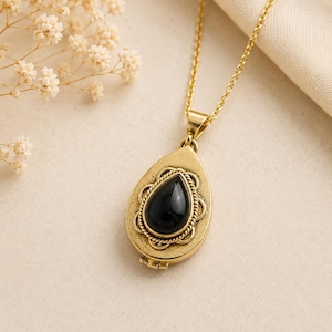 Gold Teardrop Locket Necklace with Black Onyx Stone, Teardrop Urn Necklace for Ashes, Dainty Black Stone Locket, Memorial Jewelry Gift