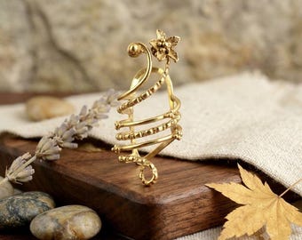 Floral Spiral Brass Ring: Adjustable Boho Statement Jewelry