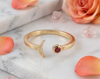 Brass Crescent Moon Gemstone Ring: Adjustable Boho Celestial Ring