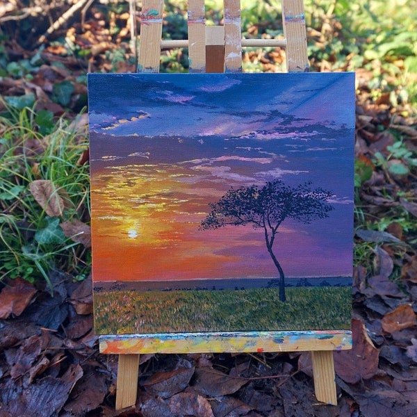 Tableau Peint Acrylique sur Toile Paysage Coloré Coucher de Soleil Arbre Champs Fleurs Nuages, Peinture Paysage Nature, Décoration Murale