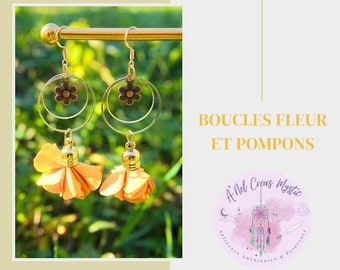 Froufrou Flower Hoop Earrings, Pompom Flowers, Boho Hippie Boho Ethnic Jewelry, Yellow Flower Dangling Earrings