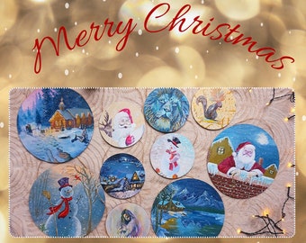 Acrylic Painting on Wooden Disc Christmas Scenes Winter Snow Fir Santa, Handmade Wooden Christmas Decoration Seasonal Festive Holidays End of Year
