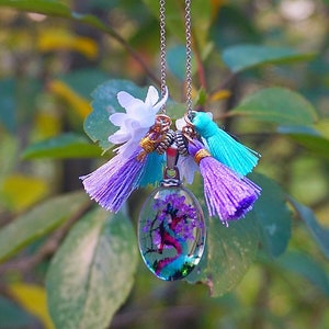 Imitation Glas Pompom Blumen Anhänger Halskette, Boho Floral Boho Hippie Schmuck, romantische gepresste getrocknete Blumen Halskette, Boho Halskette