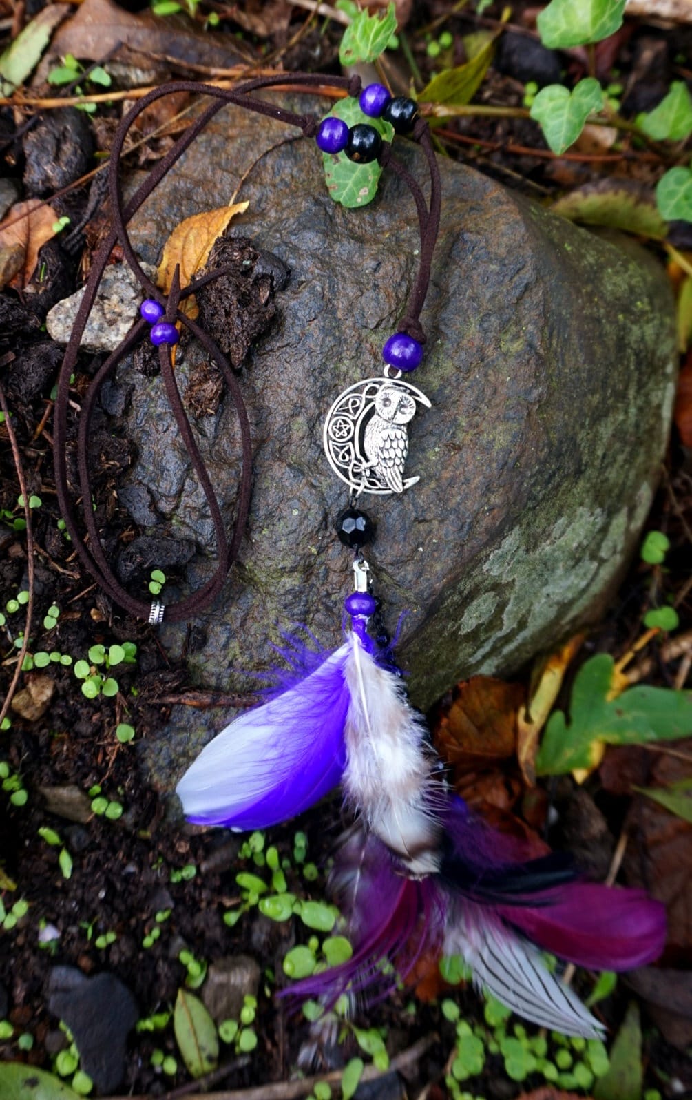 Collier Violet Mystique Gothique Bohème Collier Chouette Hiboux Celtique Viking, Bijoux Mysti