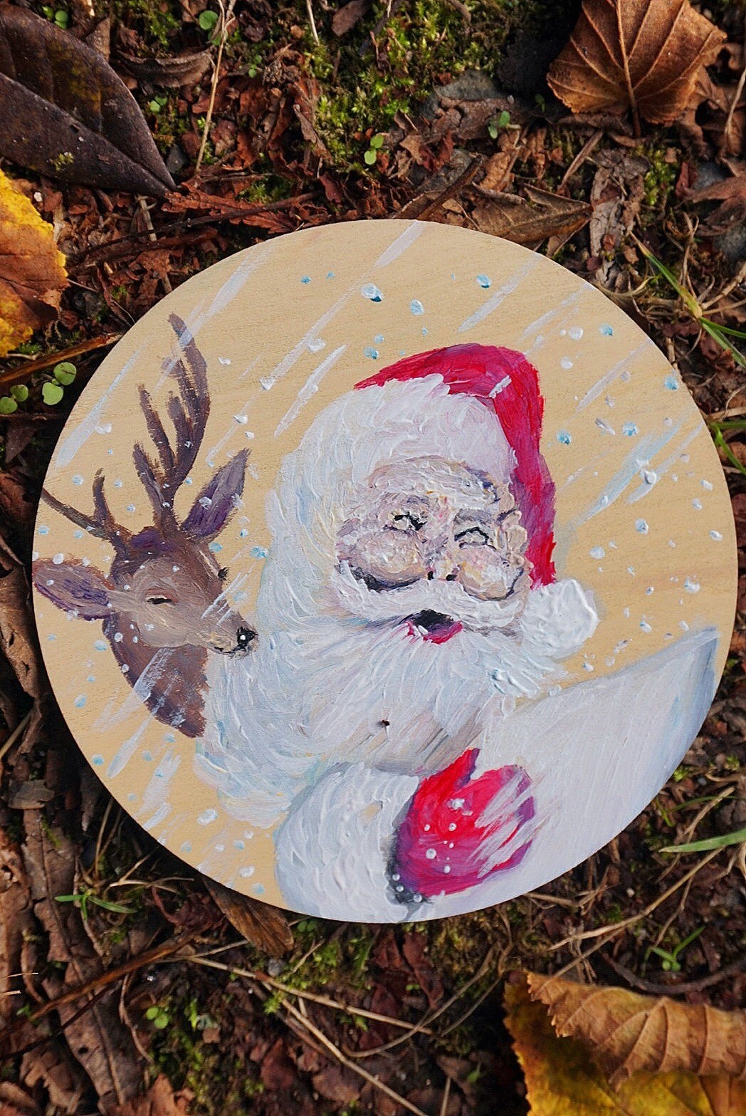Hand Painted Wooden Disc Christmas Winter Snow Santa Fir, Wooden ...