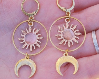 Gold Hoop Dangle Earrings, Celestial Sun Moon Earrings, Boho Mystical Fairy Witch Earrings