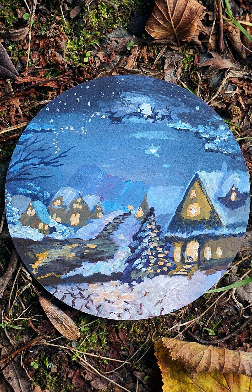 Hand Painted Wooden Disc Christmas Winter Snow Santa Fir, Wooden ...