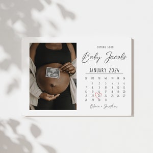 Calendário da data aprazada do anúncio do bebê | Cartão de anúncio de gravidez para impressão com foto para marido, amigos e pais
