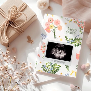 Tarjeta imprimible de ecografía de bebé para anunciar el embarazo en Pascua para padres, familiares y amigos.