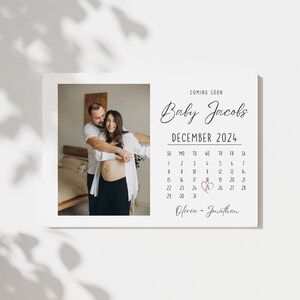 Calendário da data aprazada do anúncio do bebê | Cartão de anúncio de gravidez para impressão com foto para marido, amigos e pais