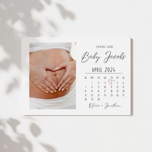 Calendário da data aprazada do anúncio do bebê | Cartão de anúncio de gravidez para impressão com foto para marido, amigos e pais