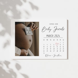 Calendário da data aprazada do anúncio do bebê | Cartão de anúncio de gravidez para impressão com foto para marido, amigos e pais