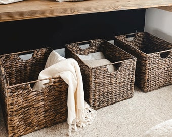 Wicker Water Hyacinth Baskets For Storage, Set of 3, Shelf Cube Basket For Organizing and Home Décor, Dark Natural Woven Bins with Handles