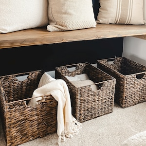 Wicker Water Hyacinth Baskets For Storage, Set of 3, Shelf Cube Basket For Organizing and Home Décor, Dark Natural Woven Bins with Handles