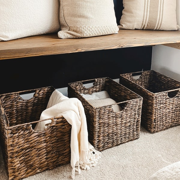Wicker Water Hyacinth Baskets For Storage, Set of 3, Shelf Cube Basket For Organizing and Home Décor, Dark Natural Woven Bins with Handles