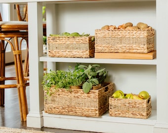 Large Natural Wicker Storage Basket, Set of 4, Water Hyacinth Woven Storage Bin for Organizing, Large Rectangular Nesting Bins With Handles