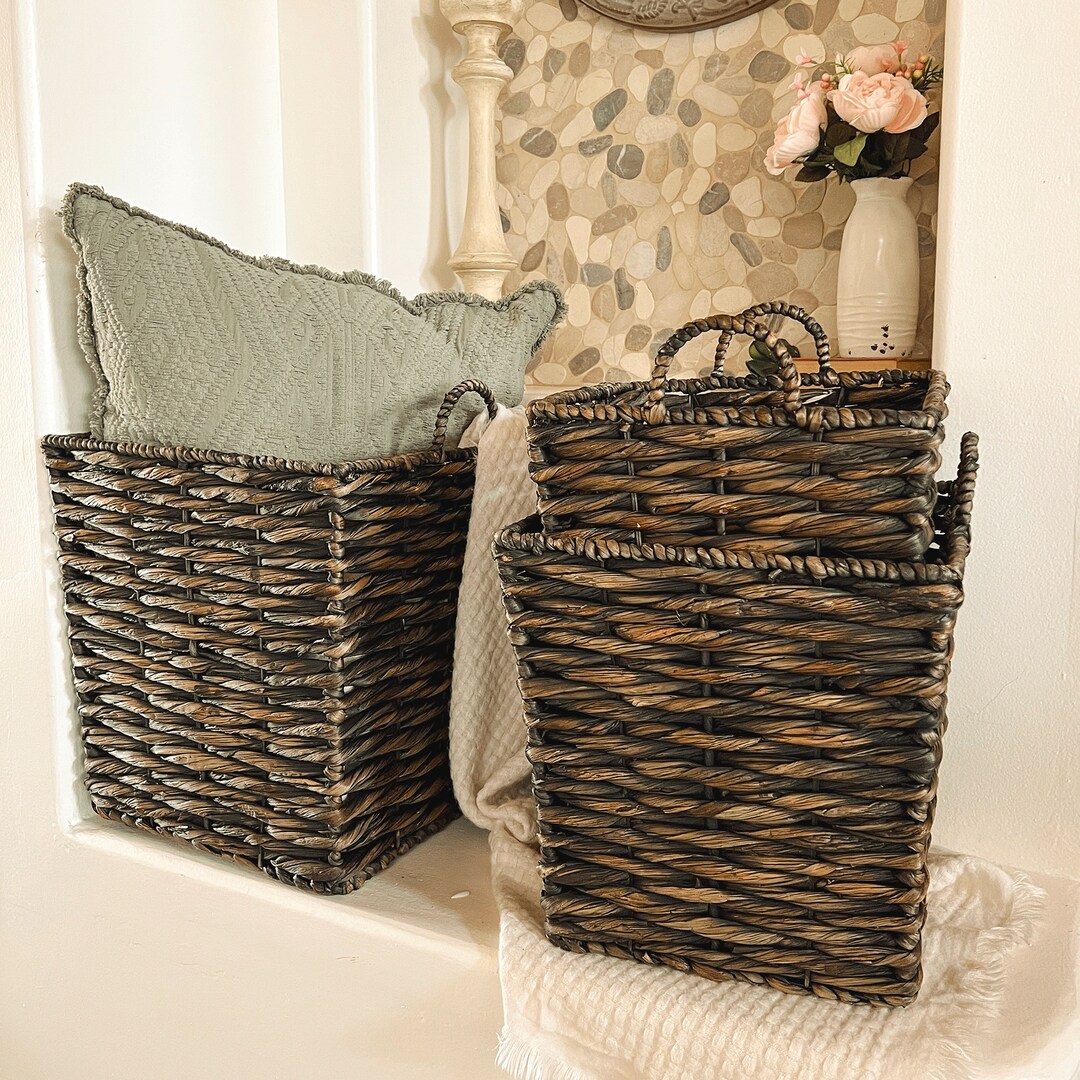 Large Wicker Storage Basket, Set of 3, Black Water Hyacinth Blanket