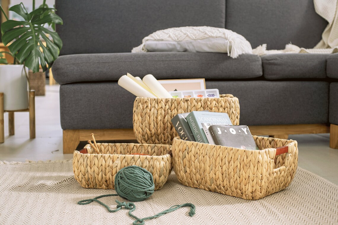 Large Natural Wicker Storage Basket Set of 3 Rectangular Etsy