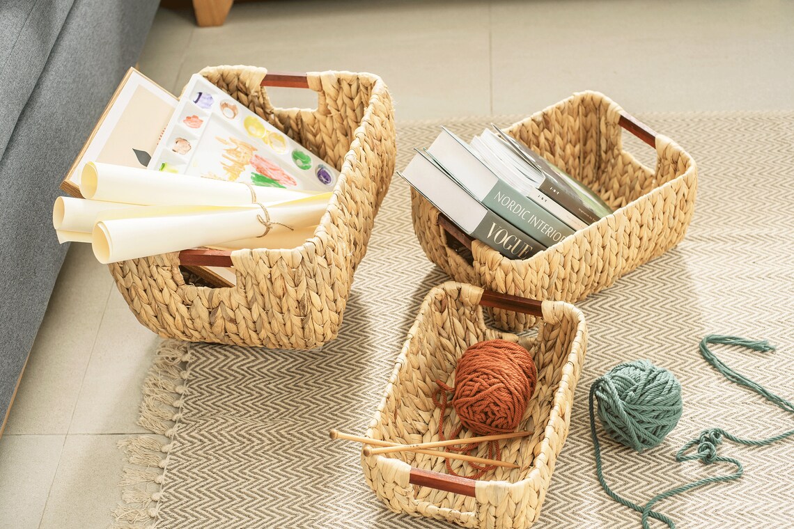 Large Natural Wicker Storage Basket Set of 3 Rectangular Etsy