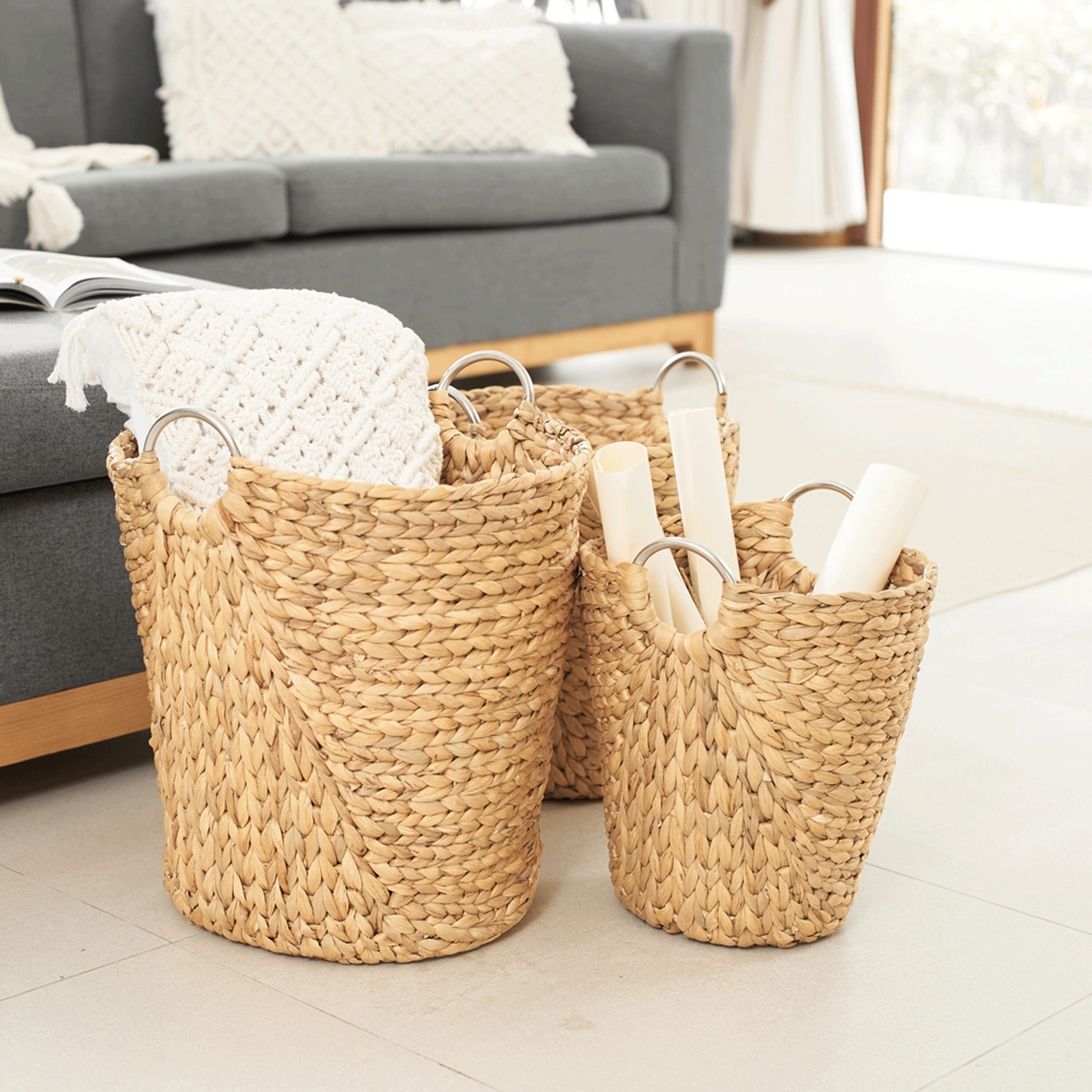 Large Wicker Storage Basket Set of 3 Woven Water Hyacinth Etsy