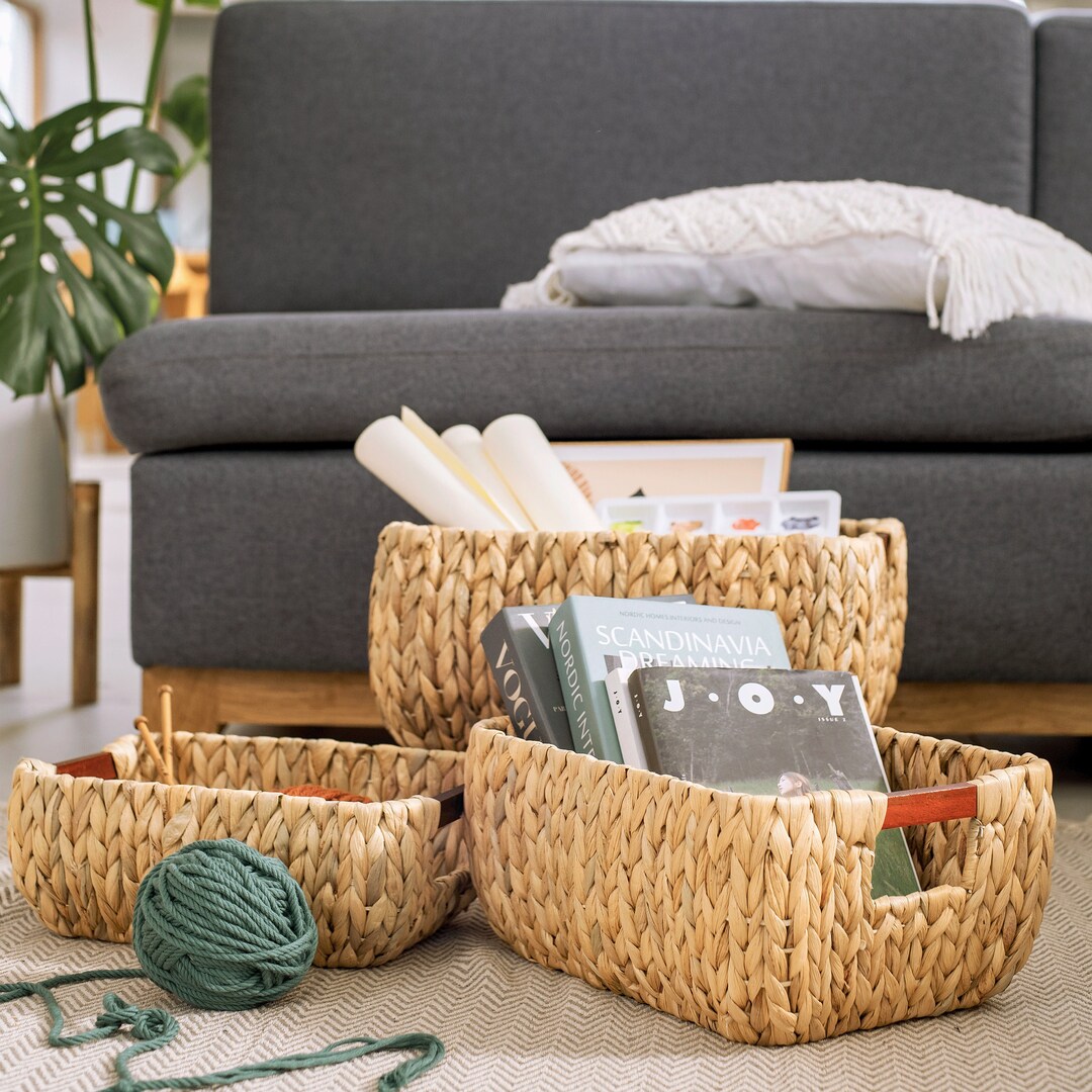 Large Natural Wicker Storage Basket Set of 3 Rectangular Nesting ...
