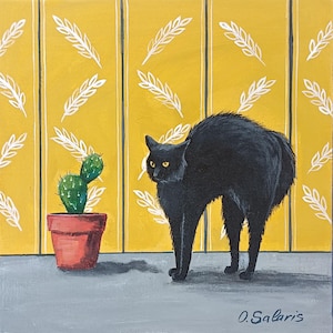 Charmant chat noir avec cactus peinture acrylique originale sur toile, art mural de chat mignon, décoration murale fantaisiste, peinture pour animaux de compagnie faite à la main