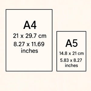 May include: Two rectangular paper sizes, A4 and A5, are displayed. The A4 paper measures 8.27 x 11.69 inches, and the A5 paper measures 5.83 x 8.27 inches. Both sizes also show the measurements in centimeters.